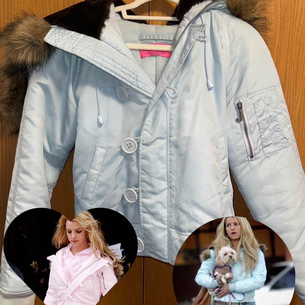 RARE Vintage Juicy Couture Bali Blue Parka Faux Fur Split Zipper Hood